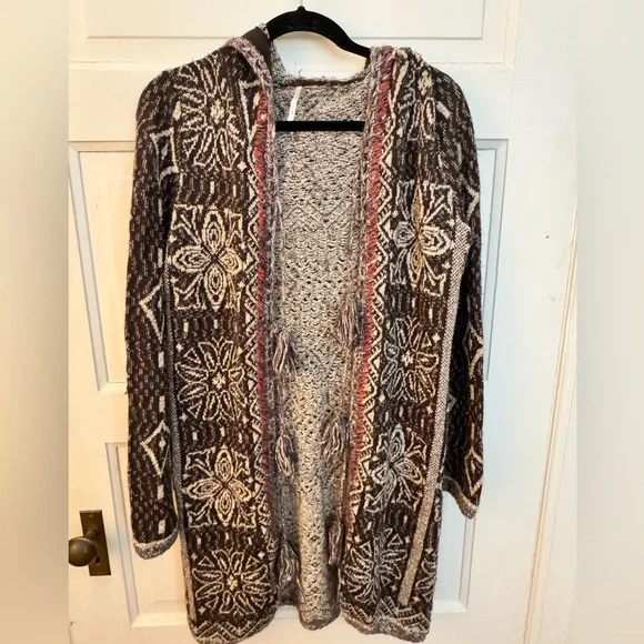 Free People Hooded Cardigan - Brown and Cream - Picture 3 of 6